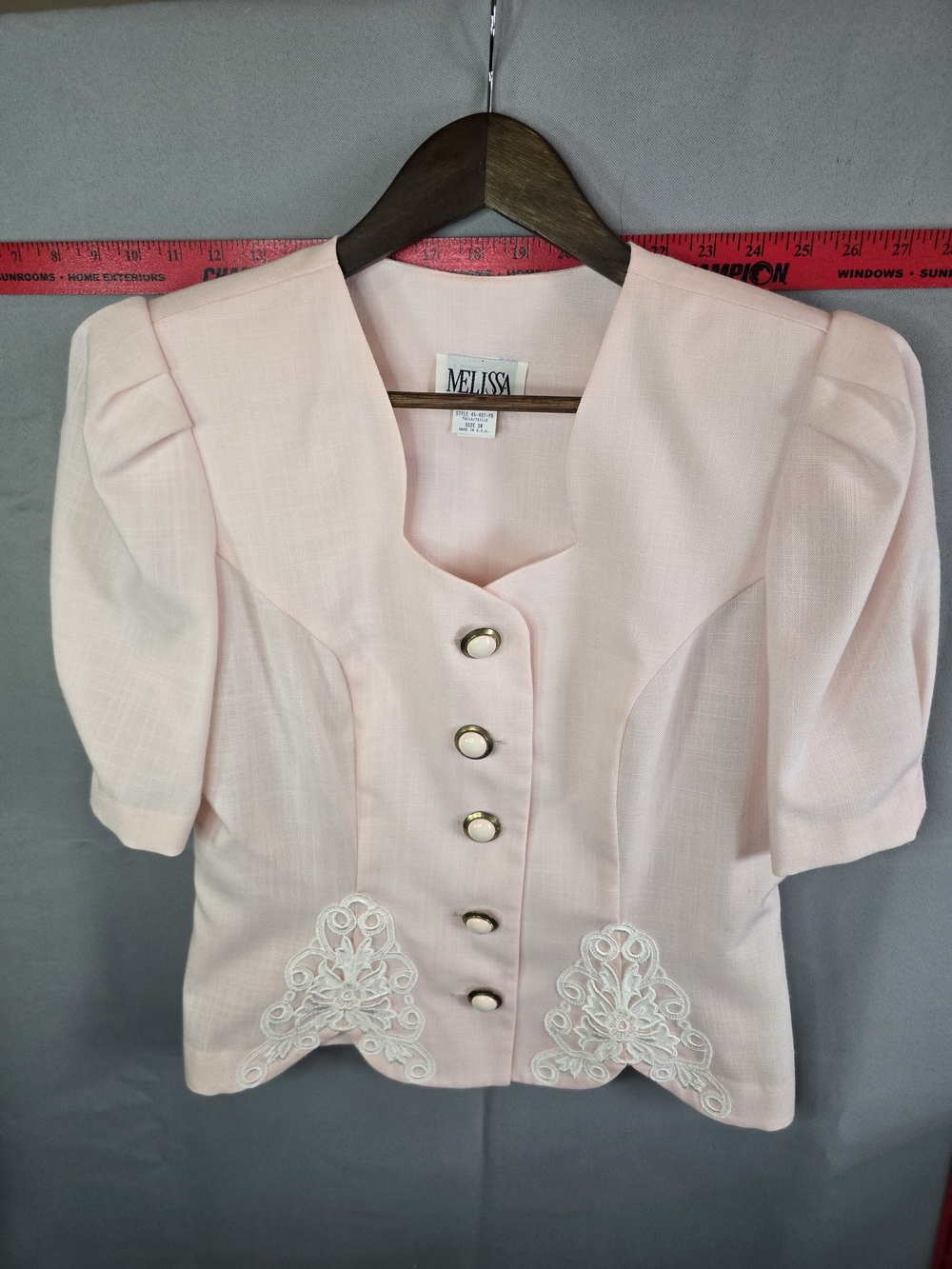 Melissa Petite Pale Pink Short-Sleeve Button Front Dressy Top with Lace Appliqué